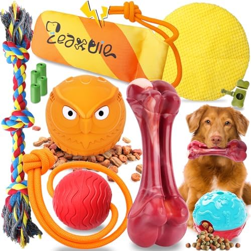 Zeaxuie 12 Pack Heavy Duty Various Dog Chew Toys Pack for Aggressive Chewers - Includes Large Rope Toys, Squeaky Toys & Indestructible Chew Bone for Medium, Large & X-Large Dogs (for Powerful Chewers) by Zeaxuie