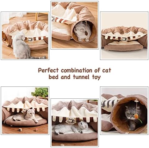 EAEDMY Cat Rabbit Tunnel Bed Nest for Cats Indoor, with Collapsible Washable Soft Cushion, Plush Ball and Exercise Wheel Tube, Fit for Puppy Bunny Kitty Kitten Ferret(2.Coffee) - Image 3