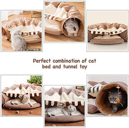 EAEDMY Cat Rabbit Tunnel Bed Nest for Cats Indoor, with Collapsible Washable Soft Cushion, Plush Ball and Exercise Wheel Tube, Fit for Puppy Bunny Kitty Kitten Ferret(2.Coffee) - Image 3