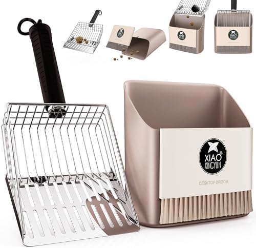 Cat Litter Scooper with Holder, Metal Litter Scoop Includes Portable Small Broom and Dustpan Set, Heavy Duty Stainless Steel Litter Scoop with Coarse and Fine Grid, Quick Sift and Easy Clean by XIAOXINGYUN