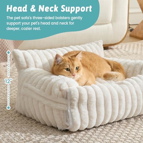 COZY KISS Cute Cat Bed with Removable Cover, Multifunctional Plush Faux Fur Pet Couch Bed with Blanket, Ultra-Soft Pet Furniture for Cats & Small Dogs (Cream, M: 32''x24'') - Image 3