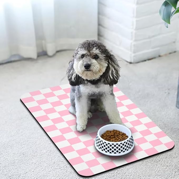 Dog Food Mats for Floors Waterproof, Pet Water Bowl Mats Pet Feeding Absorbent Placemats Plaid 24 * 32 inch
