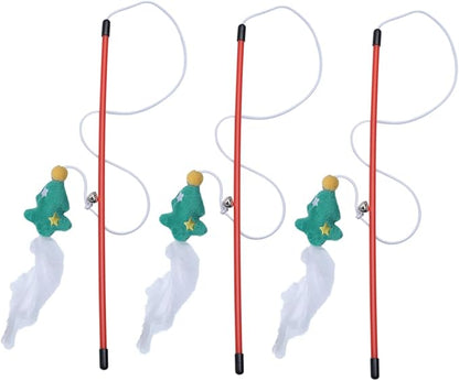 NOLITOY 3 Pack Christmas Cat Tease Sticks Funny Interactive Toys Pet Training Wand Christmas Tree Theme