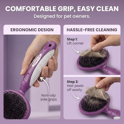 Round Bristle Pet Brush for Dogs and Cats - Soft Dog Brush for Grooming Short or Long Hair - Gentle Tool for Sensitive Skin Removes Dander, Dirt, and Detangles (Purple) - Image 5