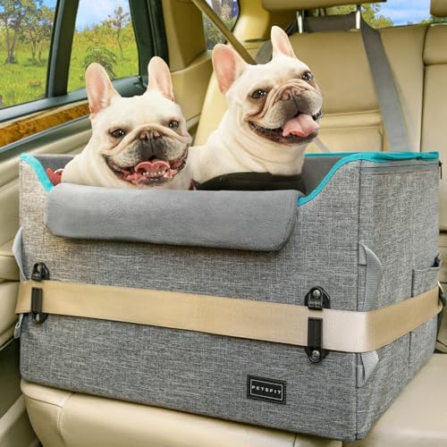 PETSFIT Dog Booster Car Seat for Small/Medium Dogs, Dog Car Seat for Medium Sized Dog with 2 Clip-On Safety Leashes and Patented Buckles, Pet Car Seat with Storage Pockets for Pets Under 45Lbs (Grey) by Petsfit