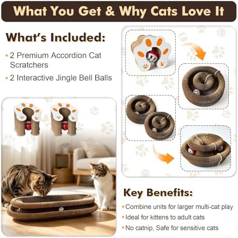 2-Pack Cat Pad Scratcher Toys, Magic Organ Cat Toy & Kitty Curls Cat Toy, Interactive Cardboard Cat Scratching Board with Bell Balls, Corrugated Scratcher for Indoor Cats, Furniture Protection - Image 5