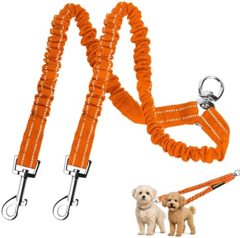 MingXpet 2 Dog Leash, Dog Leash for 2 Dogs, 360° Swivel No Tangle Double Walking Training Leashes for Large Dogs that Pull, Comfortable Shock Absorbing Reflective Bungee, Orange by MingXpets