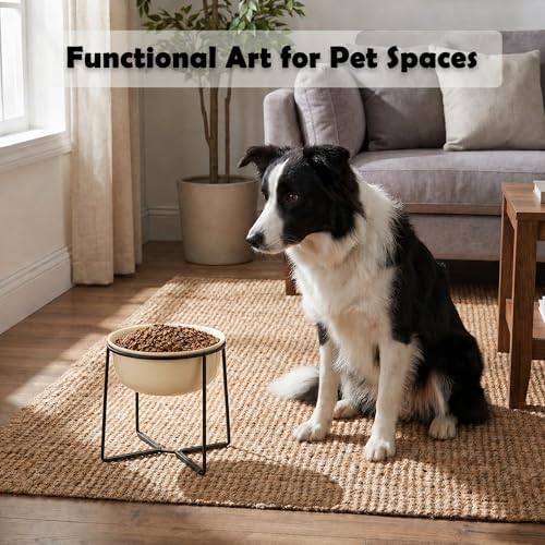 Ceramic Elevated Dog Food Bowl - Heavyweight Feeding Bowl with Metal Stand - Raised Pet Dish for Medium and Larges Dogs - 5.8 Cups - 47.3 oz - Beige - Image 6