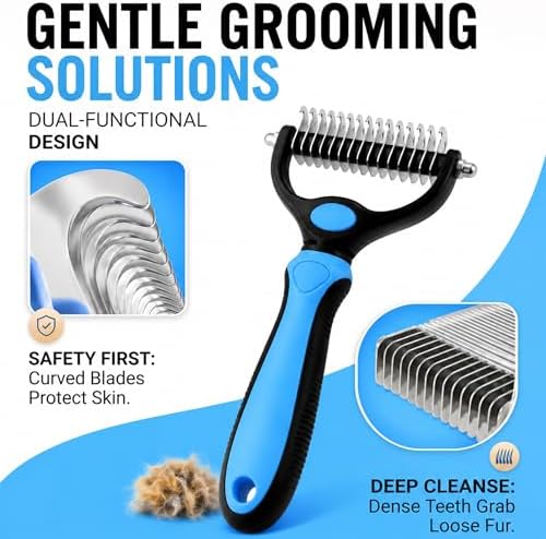 2-in-1 Double-Sided Pet Grooming Comb for Dogs & Cats - Deshedding Brush & Rounded-Tooth Dematting Tool | Painlessly Removes Knots, Tangles, Loose Undercoat & Fur in Thick/Long Coats (Blue-Large*2) - Image 6