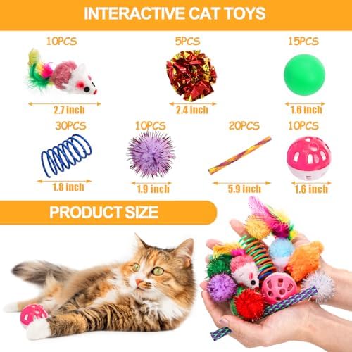 Nicunom 100 Pcs Cat Toys for Indoor Cats and Kittens - Spring, Fur Mice, Crinkle Ball, Sparkle Pom Pom Ball, Bell, Catnip Rope, Variety Cat Interactive Toy Set - Image 2