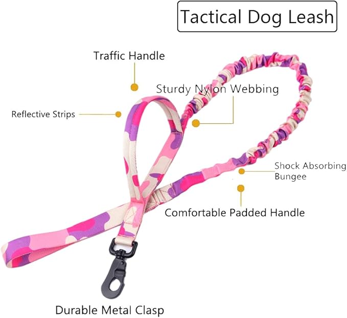 Xqpetlihai Tactical Dog Collar and Leash Set Adjustable Military Nylon Dog Collar with Control Handle and Heavy Duty Metal Buckle for Large Dogs （Pink Camo XL