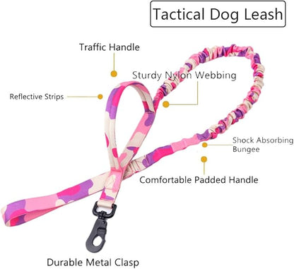 Xqpetlihai Tactical Dog Collar and Leash Set Adjustable Military Nylon Dog Collar with Control Handle and Heavy Duty Metal Buckle for Large Dogs （Pink Camo XL