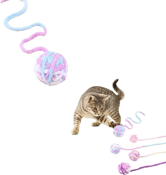 3Pcs Woolen Cat Ball with Bell Inside, Interactive Kitten Catnip Toys for Indoor Cats, Chew Jingle Ball with String Spring Toy (Color-7)