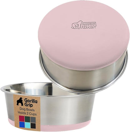 GORILLA GRIP Dog Bowls, Food Grade 304 Stainless Steel, Holds 2 Cups Each (16 fl oz) Food and Water Bowl for Feeding Dogs and Cats, Dishwasher Safe, Rust Resistant, BPA Free Rubber Base Set of 2 Pink