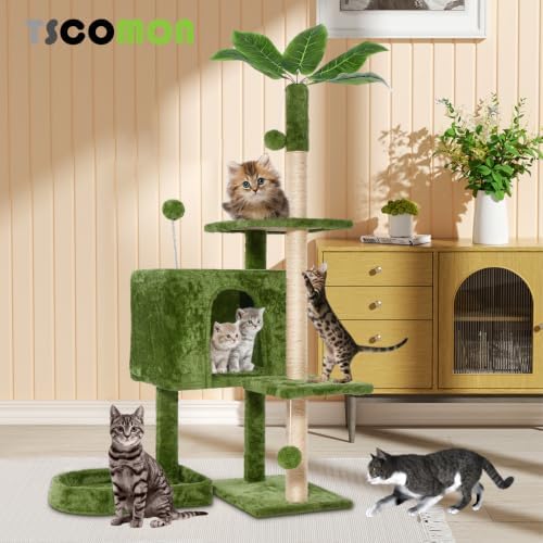 52inch Large Cat Tree Tower Condo with Hammock for Indoor Cats, Soft Plush Multi-Level Climbing Tree Cat House with Cat Cave, Scratching Post, Sisal Rope, Green - Image 5