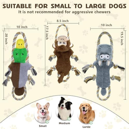 3 Pack No Stuffing Squeaky Dog Toys, Tug of War Dog Toy with Rope - Image 2