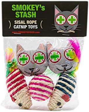 Smokey's Stash 5-Pack Catnip Toys for Indoor Cats – Potent Catnip Cat Face Toys, Natural Sisal Rope Mice and Rolling Ball – Durable Interactive Chaser Toys for Scratching, Hunting, and Exercise by Smokeysstash