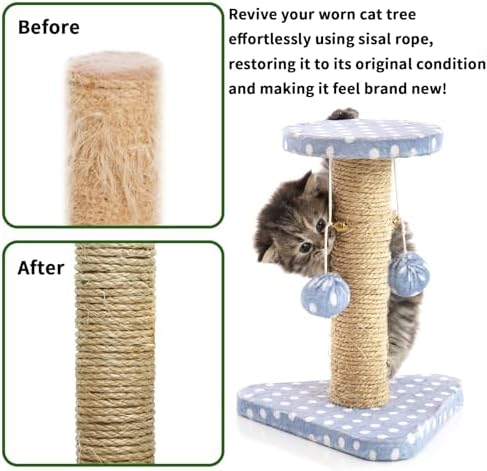 Cat Natural Sisal Rope 8mm 98-Feet for Scratching Post Tree Tower Replacement Repair and Replace, DIY Hemp Twine Rope for Cat Scratching Furniture Window Perch and Crafts Gardening Home Decorating - Image 6