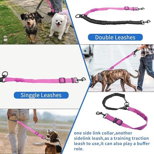 YAODHAOD Double Dog Leash,Two Dog Leash Splitter, No Tangle 360° Swivel Rotation Reflective Lead, Adjustable Length Bungee Heavy Duty Walking Training Dual Extension (Black + Rose red) - Image 4