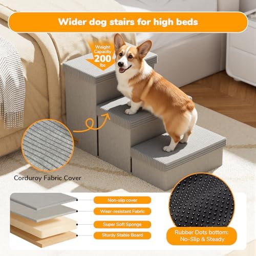 3-Step Wide Dog Stairs 18" H with Removable Cover, Non-Slip Storage Pet Steps for High Bed Couch, Pet Stairs for Small/Medium/Large Old Dogs Puppy Up to 200lbs, Cat Dog Steps for Car, Grey - Image 2