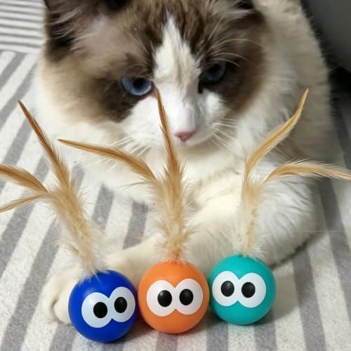Bouncy Cat Toys with Feathers 3-Pack, Interactive Rubber Ball with Goofy Eyes and Natural Tail for Indoor Cats & Kittens, High Elastic Bouncing Toy for Chase Hunt Play - Image 7