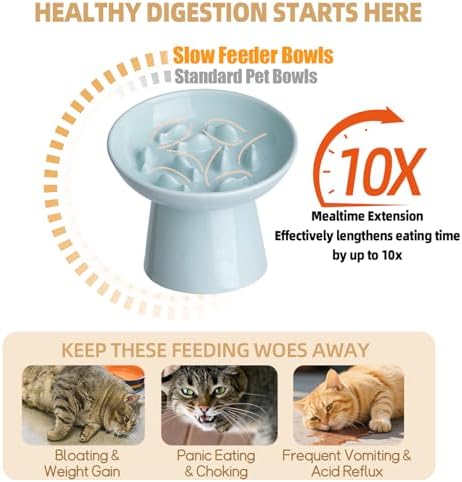 Ceramic Elevated Slow Feeder Cat Bowl - 6" Raised Cat Food Bowl for Bloat Relief & Anti-Vomiting, Whisker Friendly Ceramic Cat Slow Feeder for Indoor Cats, Kittens, Puppies - Azure(1pc) - Image 3