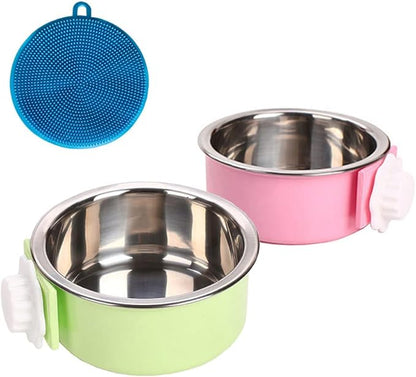 Love Dream Crate Dog Cat Bowl, Removable Stainless Steel Hanging Pet Cage, Food Water Feeder with Bolt for Puppy Birds 2 Pack with Silicone Sponge Dish Brush