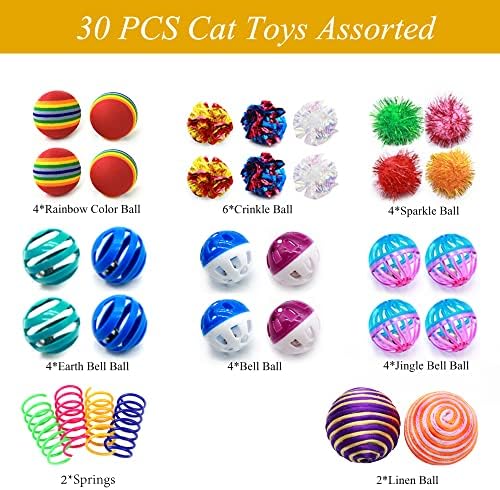 LASOCUHOO Cat Toys Kitten Assortment - Rainbow, Crinkle, Sparkle, Bell & Sisal Balls for All Cats - 30 Packs - Image 2