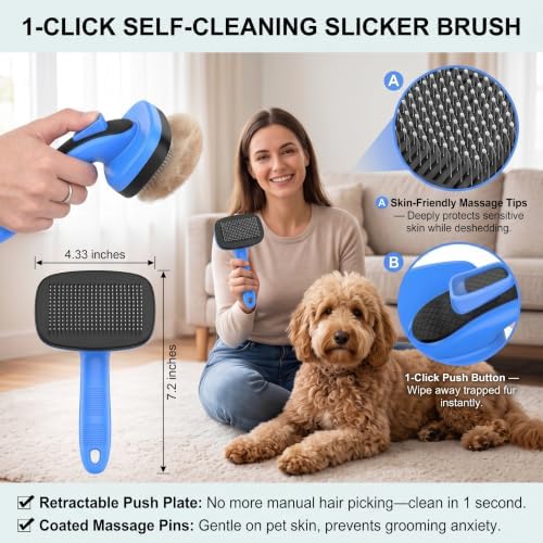 5 PCS Cat & Dog Grooming Kit Brush, Self-Cleaning Slicker Hair Brush, Nail Clipper, Undercoat Rake, Pet Bath Brush with Removable Screen,Pet Comb for Short & Long Haired Dogs Cats,Blue - Image 2