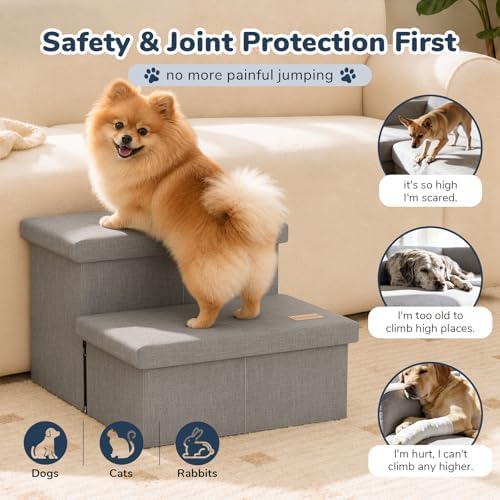2-Step Wide Dog Stairs with Storage 11" H, Non-Slip Sturdy Pet Steps for Couch Chair, Dog Steps for Small/Medium Old Dogs, Cats, Rabbits Up to 150lbs, Foldable Cat Puppy Stairs for Car, Grey - Image 3