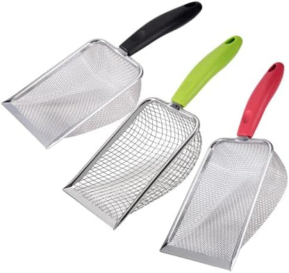 3PCS Cat Litter Scoop, Reptile Stainless Steel Fine Mesh,Litter Cleaner Corner Scoop Sand Sifter (Black-Green-Red) by SUMHEN
