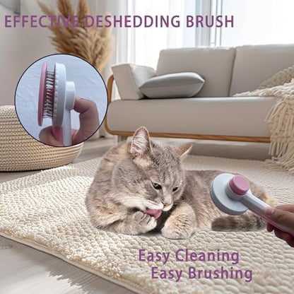 Cat Grooming Brush Kit 6 Tools - Deshedding & Dematting for Long/Short Hair, Self-Cleaning Slicker Brush with 6-in-1 Flea Comb for Cats & Kittens (Pink) - Image 2