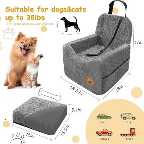 Dog Car Seat for Small/Medium Dogs, Memory Foam Dog Booster Seat, Travel Safety Per Car Seat with Washable Removable Cover, Storage Pockets for Dogs up to 35 lbs(Gray) - Image 2