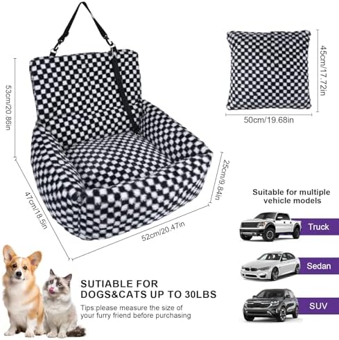 Dog Car Seat for Small Dogs,Medium Dog Car Bed with Detachable Washable Cover,Pet Puppy Booster Cars Seats with Safety Belt Up to 30 lbs(Grid Black) - Image 3