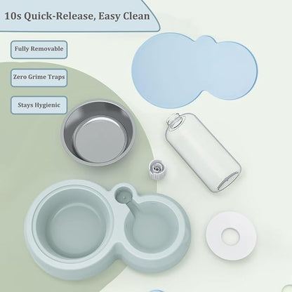 Double Dog Cat Bowls, Pets Food and Water Bowl Set with Automatic Water Dispenser and Stainless Steel Bowl Silicone Dog Bowl Mat, Gravity Feeder for Cats and Small Dogs Puppies (Sky Blue)