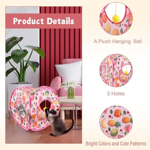 Andiker Small Cat Tents for Indoor Cats, Summer Fruit Patten 15" Foldable Cat Tube with 1 Plush Ball and 3 Holes Kitten Hide-and-Seek Toy to Relieve Boredom Also for Kitten Rabbits (Pink) - Image 3
