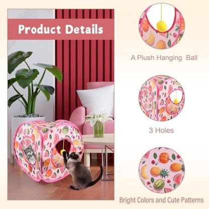 Andiker Small Cat Tents for Indoor Cats, Summer Fruit Patten 15" Foldable Cat Tube with 1 Plush Ball and 3 Holes Kitten Hide-and-Seek Toy to Relieve Boredom Also for Kitten Rabbits (Pink) - Image 3