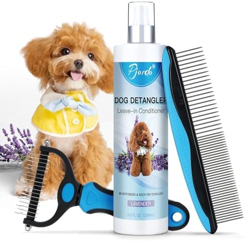 Pjordo Natural Dog Detangler Spray for Soften & Dematting Hair, Leave-in Conditioner Spray for All Breeds, Lavender Scent for Reducing Odors, Deshedding Brush & Metal Comb for Hair Brush by Pjordo