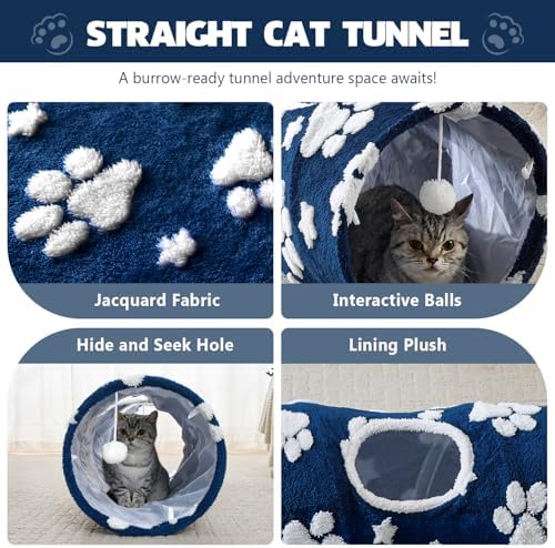 Straight Cat Tunnel for Indoor Cats 47"x12", Blue Paw - Image 2