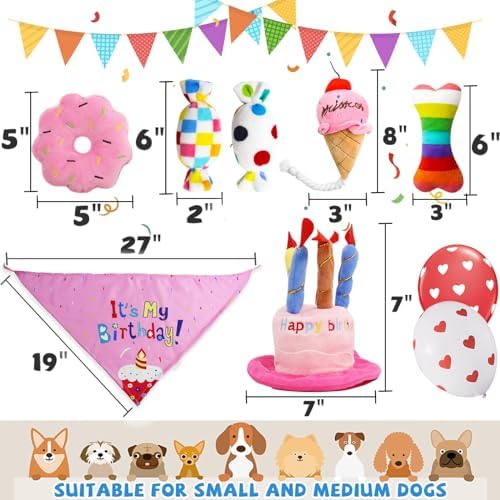 lilfrd 9Pcs Pink Dog Birthday Toy Set, Squeaky Hat Bandana Gift for Dogs - Image 3