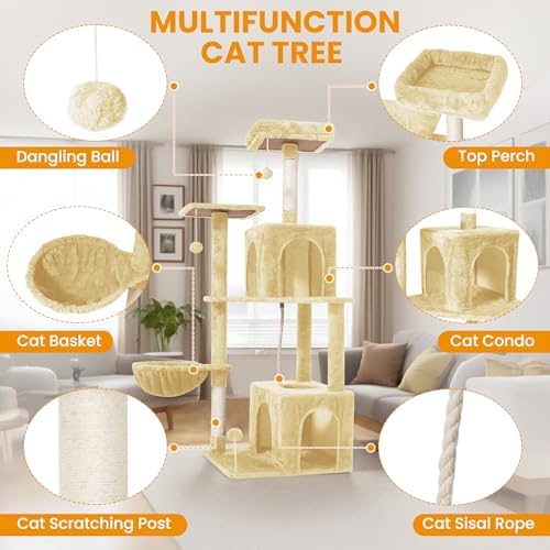 54-Inch Cat Tree Tower with 2 Caves & 2 Pompoms - Multi-Level Tower for Indoor Cats, Soft Plush Condo with Scratching Posts - Sturdy Base for Large Cats(Beige) - Image 5