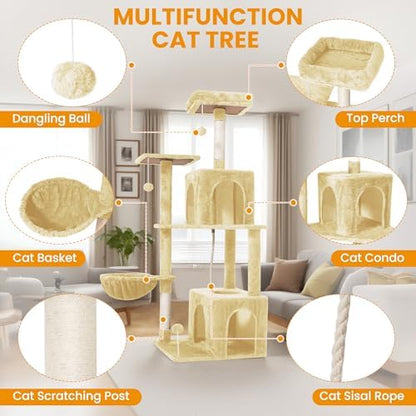 54-Inch Cat Tree Tower with 2 Caves & 2 Pompoms - Multi-Level Tower for Indoor Cats, Soft Plush Condo with Scratching Posts - Sturdy Base for Large Cats(Beige) - Image 5