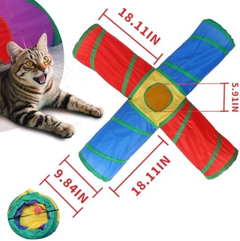 Pet Cat Tunnel, 4 Way Tunnels for Indoor Cats, Collapsible Pet Tunnel for Kitten, Puppy, Rabbit, 25cm-Wide Tunnels, Durable & Breathable, with Peek Hole Toy Ball - Image 7