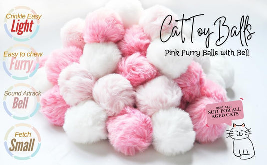 Cat Toys Furry Ball with Bell for Cats Kitty Rabbit Tails (Pink (with Bell)) - Image 2
