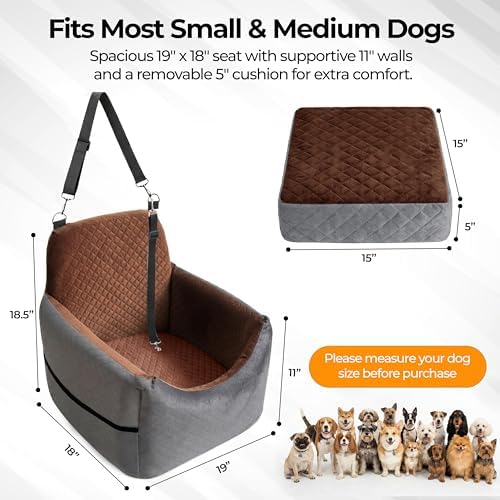 Dog Booster Seat for Small Dogs & Medium Sized Dog – Elevated Car Seat with Safety Leash, High Density Foam, Storage Pockets & Washable Cover – Up to 35 lbs for Puppies & Cats (Gray & Dark Brown) - Image 3
