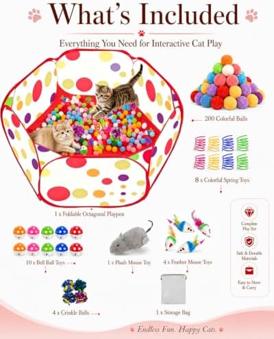Cat Ball Pit with 227 Pcs Interactive Cat Toys, Enrichment Toys for Bored Indoor Cats Self Play, Include Pom Pom Balls Jingle and Crinkle Balls, Springs and Mice Toy for Kitten Fun and Exercise - Image 3