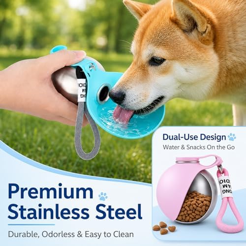 2 in 1 Portable Tumbler for Dogs, Portable Dog Water Ball, 10oz Stainless Steel Pet Water Dispenser with Silicone Foldable Bowl, Leak Proof, Portable Small Dog Water Bottle for Walking, Hiking(Pink) - Image 2