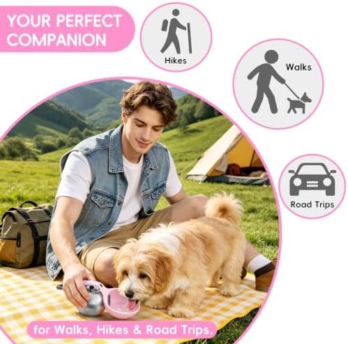 2in1 Portable Dog Water Bottle Portable,10oz Stainless Steel Leak Proof Pet Water Bottle Portable Dog Water Bottle Silicone Bowl,Outdoor Travel Water Bottle for Dogs Walking Hiking Camping, Pink - Image 2