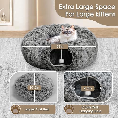 Cat Tunnel Bed for Indoor Cats, Peekaboo Cat Cave with Washable Soft Play Mat, Furry Cat Tube, for Kitten/Puppy/Rabbit, Black - Image 3