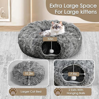Cat Tunnel Bed for Indoor Cats, Peekaboo Cat Cave with Washable Soft Play Mat, Furry Cat Tube, for Kitten/Puppy/Rabbit, Black - Image 3